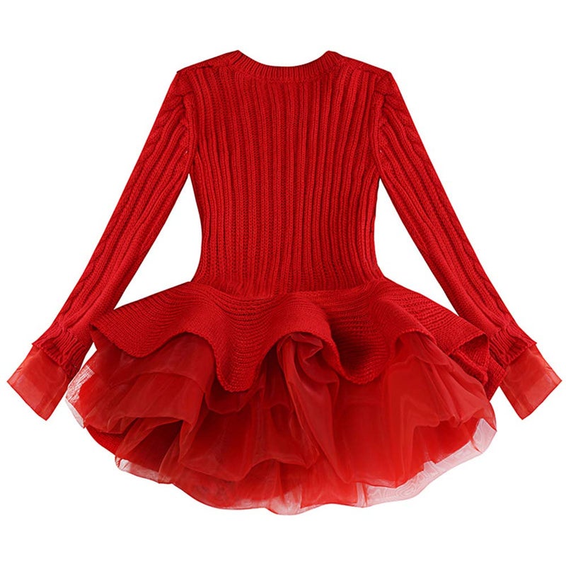 WEONEDREAM Generic Christmas Sweater Dresses for Girls Ruffle Sweater Long Sleeves Tutu Dress Stitching Knitting Pullover Tops for Kids 2 3T(Red, 100) - Image 2